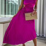Margovil 3D Rose One Shoulder Cut Out Waist Asymmetric Hem Pleated Maxi Dress