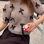 Crewneck Short Sleeves Bow Decorative Sweater Top
