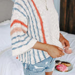 Margovil Striped Color Block 3/4 Sleeve Pullover Sweater