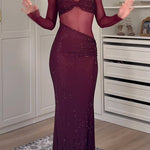 Margovil Off Shoulder Long Sleeves Mesh Splice Sequin Maxi Party Dress
