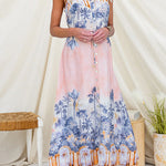Spaghetti Strap Scenic Print Lace Trim Button Front Maxi Dress