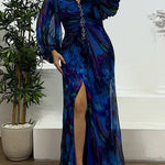 Margovil Off Shoulder Lantern Long Sleeves Printed Slit Pleated Maxi Dress