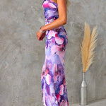 Sleeveless One Shoulder Ruched Floral Print Maxi Ruffle Dress