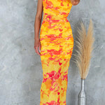 One Shoulder Ruched Sleeveless Printed Bodycon Maxi Dress