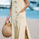 Cotton and linen sleeveless solid color single-breasted loose V-neck dress