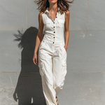 Women's Minimalist Cotton Blend Single-breasted Sleeveless Jumpsuit