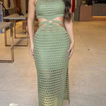 Stunning Gaze Knit Texture Ring Side Waist Cutout Stretch Maxi Dress（Note: top without lined, you can bring your own bra）
