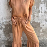 Solid Color Crew Neck Short-sleeved Casual Top and Elastic Waist Tie Pocket Wide Leg Pants Set