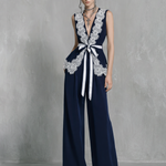 Women's Elegant Navy Blue Milk Silk Lace-paneled Wide-leg Pants Set