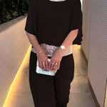 Stylish Sequin Patchwork Dolman Sleeve Top and Elastic Waist Wide Leg Pants Set