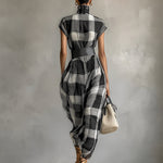 Women's Plaid Cotton Blend High Collar Short Sleeve Belt Maxi Dress