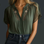 Vintage Embroidered Chiffon Short Sleeve Shirt