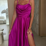 Solid Color Suspender Back Pleated Elegant Slit Full Hem Maxi Dress