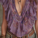 Bohemian Paisley Print Chiffon Blouse With Ruffles
