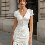 Satin V-Neck Ruched Ruffle Hem Mini Dress
