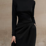 Sleek Black Turtleneck Draped Midi Dress