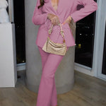 Luxe Lifestyle Single Button Lapel Blazer and Elastic Waist Pocketed Straight Suit Pants Set