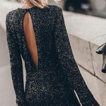 Flash Focus Sequin Extra Long Slit Sleeves Open Back Mini Dresss