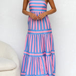 Margovil Spaghetti Strap Tiered Color Block Striped Maxi Dress