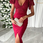Margovil V Neck Flare Sleeves Slit Bodycon Sequin Midi Dress