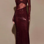 Margovil Off Shoulder Long Sleeves Mesh Splice Sequin Maxi Party Dress