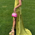 Margovil High Slit Back Drape Cascading Satin Maxi Cami Dress