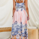 Spaghetti Strap Scenic Print Lace Trim Button Front Maxi Dress
