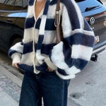 Margovil Lantern Sleeves Button Down Color Block Stripes Sweater with Scarf
