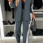 Margovil Patchwork Notch Lapel Pocketed Blazer Elastic Waist Wide Leg Pants Casual Set