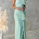 Margovil One Shoulder Slit Ruched Ruffle Mesh Maxi Dress