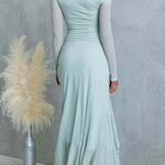 Asymmetric Shoulder Long Sleeves Slit Ruffle Maxi Dress