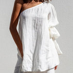 Flared Sleeves Loose Asymmetric Elasticity Pleated Solid Color Split-Joint One-Shoulder Blouses&Shirts Tops