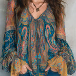 Bohemian Teal & Amber Paisley Chiffon Blouse With Ruffled Cuffs