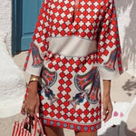 Ethnic style positioning print three-quarter sleeve mini dress