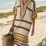 Fashion Striped Print V-neck Loose Holiday Midi Dress