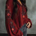Vintage Red Embroidered Lantern Sleeve Boho Blouse