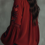 Vintage Red Embroidered Lantern Sleeve Boho Blouse