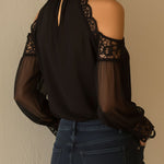 Elegant High Neck Black Chiffon Lace Cold-Shoulder Blouse