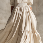 Women's Elegant, Natural-colored Cotton And Linen Blend Round-neck, Short-sleeved, Loose-fitting Long Dress