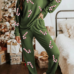 Casual Party Santa Claus Christmas Tree Candy Sequins Lace Up O Neck Long Sleeve Two Pieces