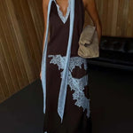 Sunday Social Contrast Color Satin Lace Trim Mid Rise Maxi Skirt