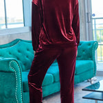 Red Solid Velvet Round Neck Top & Drawstring Pants Longe Set