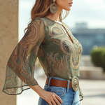 Keyhole Neck Chiffon Paisley Blouse