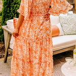 Orange Floral Print Smocked V Neck Bell Sleeve Maxi Dress