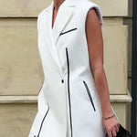 Loose Sleeveless Buttoned Contrast Color Shoulder Pad Zipper Notched Collar Vest Outerwear