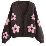 V-neck 3D Intarsia Lazy Style Knitted Sweater Coat