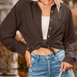 Loose Pocket Lapel Button Textured Blouse