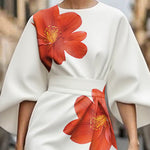 Three-Quarter Sleeves Asymmetric Floral Printed Split-Joint Round-Neck Midi Dresses