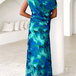 Off Shoulder Ruched Lagoon Print Maxi Dress