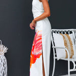 Asymmetric Shoulder Side Slit Floral Maxi Dress